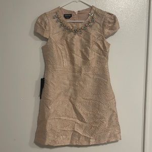 Bebe pastel light pink metallic dress with beaded neckline